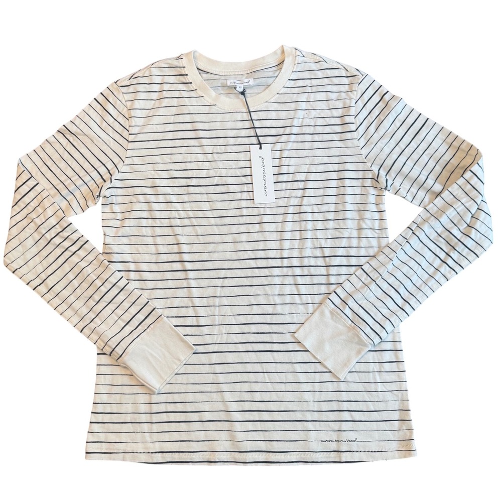 Unsubscribed Women's Long Sleeve Crew Neck Striped T-Shirt XS White Black Top